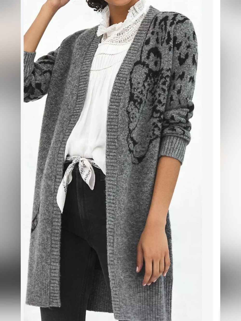 Anthropologie Averie Leopard Gray/Black Open-Front Longline Cardigan XS
